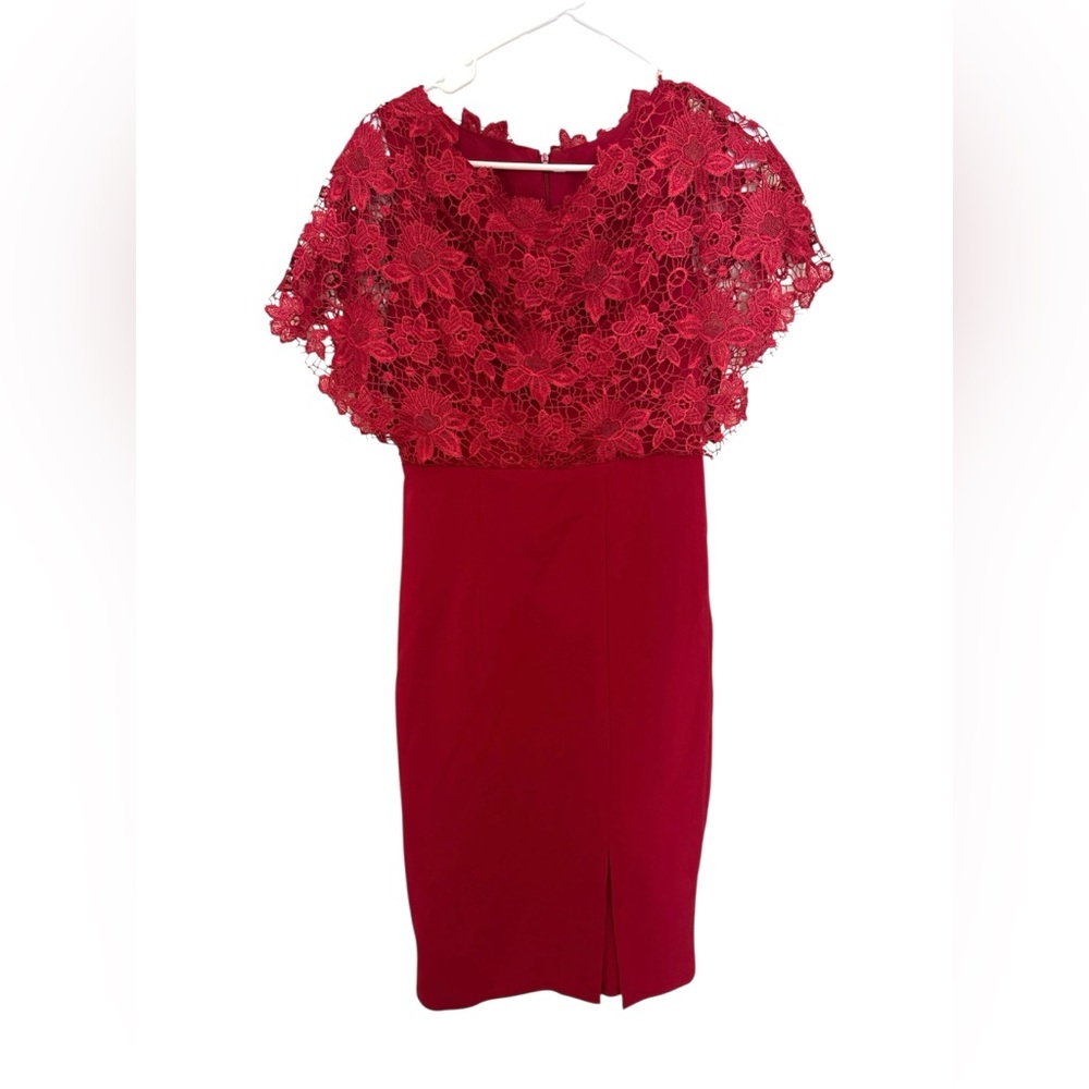 Elegant Red Lace with Flowers Overlay Dress, Size S
